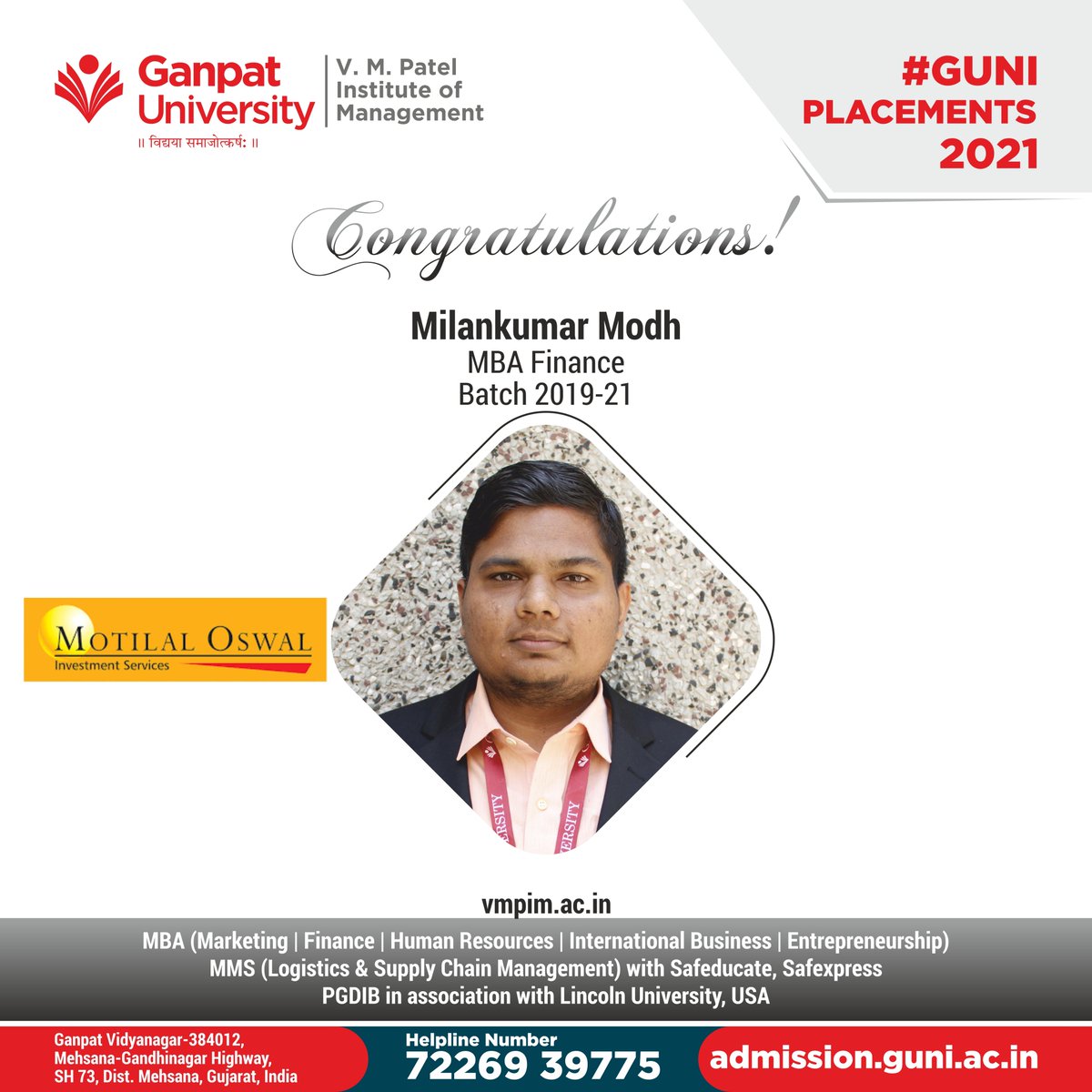 VMPatelInstitu1's tweet photo. We are proud to announce that our student Milan Modh got selected for Motilal Oswal Congratulations to you Milan! We wish you a successful future.
#Campus #Placements #proudmoment #MotilalOswal #GUNI #VMPIM #Management #Students #GanpatUniversity #asociallyresponsibleuniversity https://t.co/GgiO30XDnB
