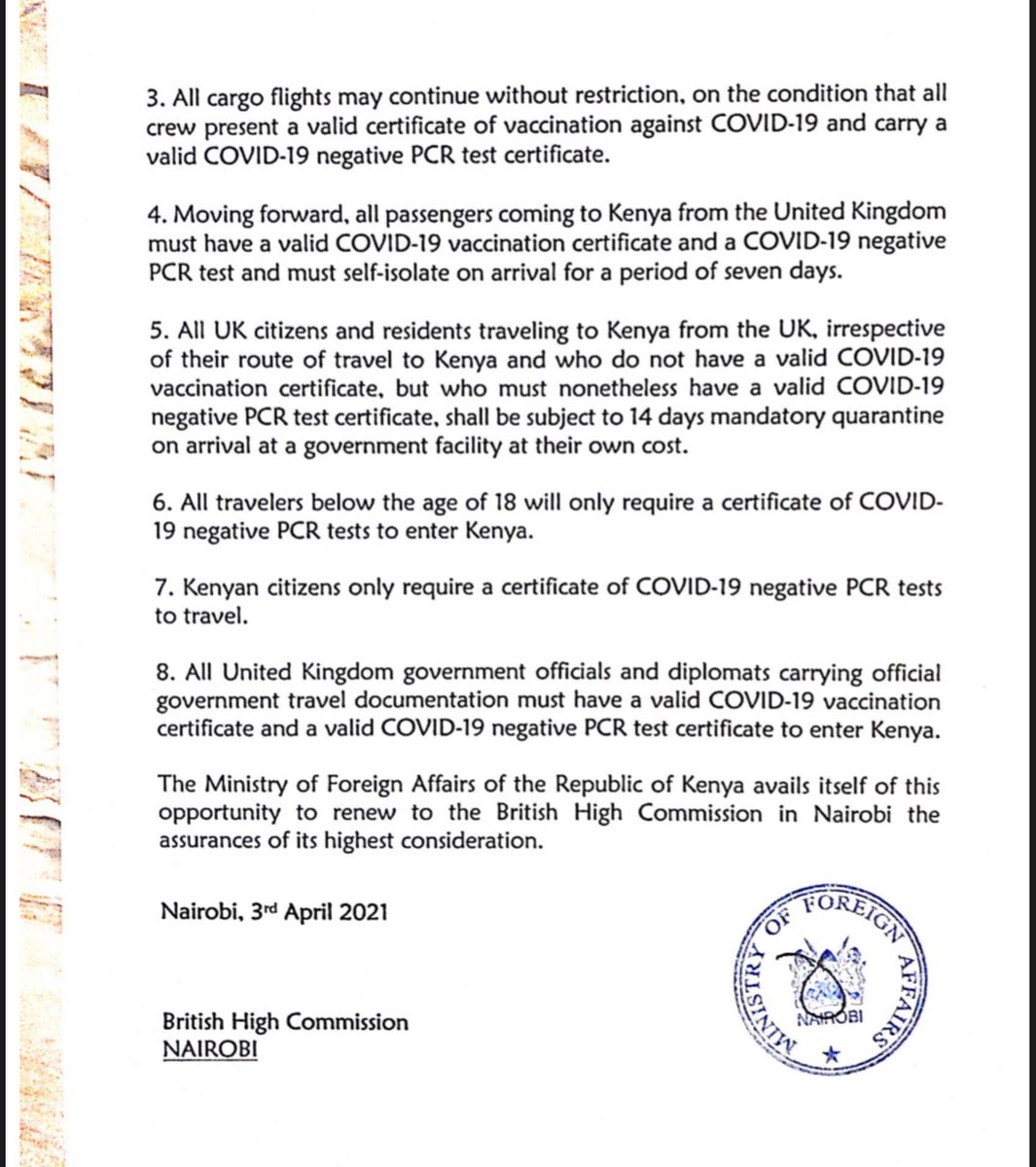 Statement from the Kenyan Ministry of Foreign Affairs on being placed on the “Red List” for the United Kingdom