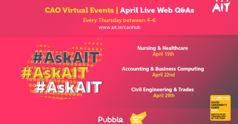 TUS_Athlone_'s tweet photo. CAO Virtual Events | Live Web Q&amp;As

Join us for every Thursday from 4-6pm for live web Q&amp;As. Each week will focus on a different department, giving you an opportunity to ask questions about modules, placements, career opportunities and more.        

#CAO2021 #DiscoverYourStory