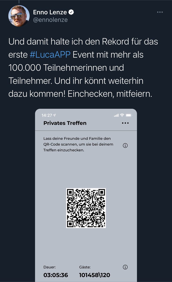 Der  @ennolenze hat zu Testzwecken ein privates Meeting per  #LucaApp eingerichtet. Er hatte bald danach über 100.000  Check-Ins. Alle mit "verifizierten Daten", u.a. hatten sich "Polizei" und "Penis" eingecheckt.  #Lucafail Link zu Ennos Ausgangstweet:  https://twitter.com/ennolenze/status/1379726316153548801?s=21 /14