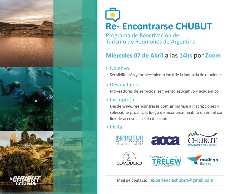 #TurismoDeReuniones #MadrynBureau
“Re-encontrarse Chubut”
Encuentro virtual destinado a todo el sector de turismo de reuniones y eventos
📅HOY miércoles 7 de abril 
⏰14 hs.
💻Más información e inscripciones en reencontrarse.com.ar