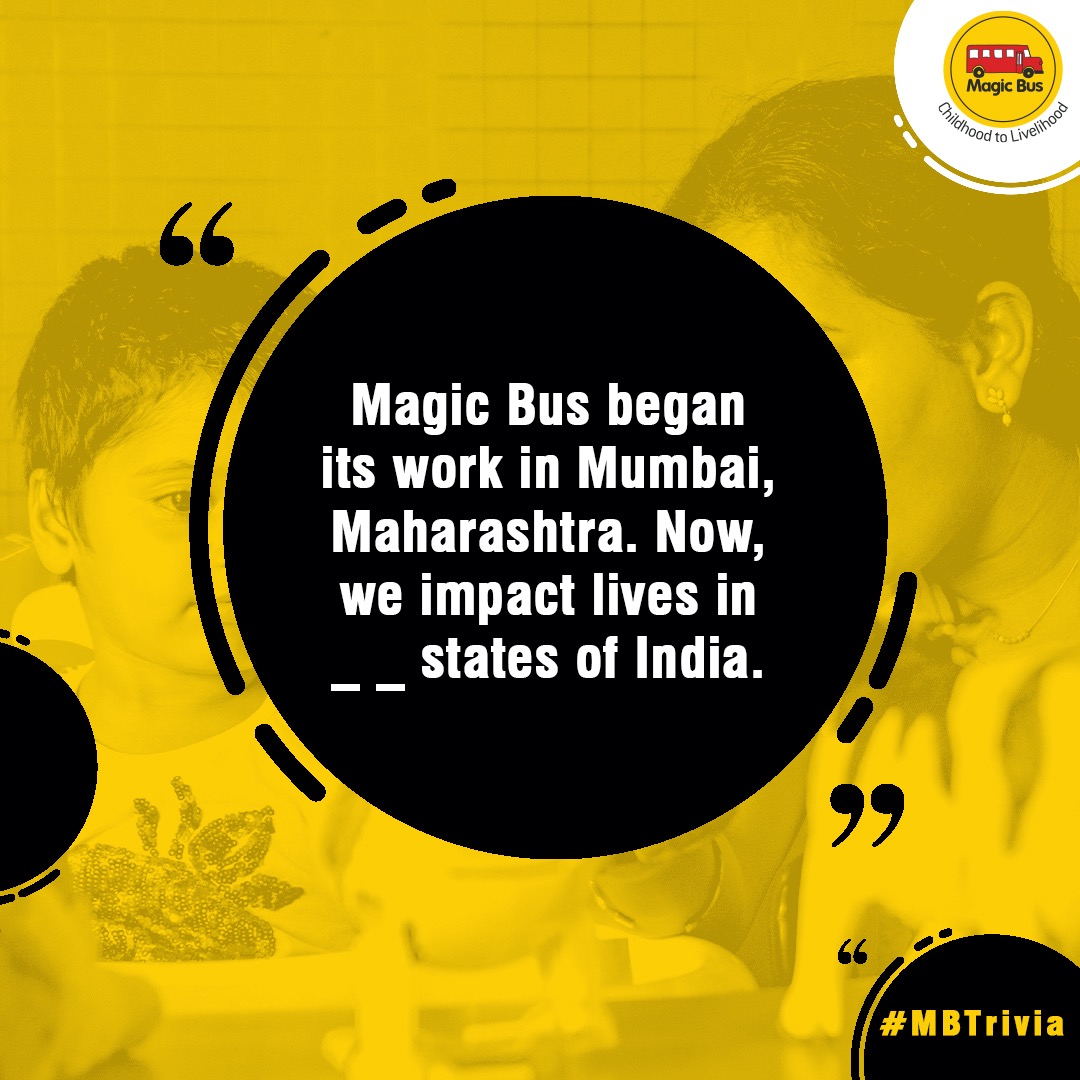 MagicBusIndia's tweet photo. Back in 1999, the magic began one Saturday in the city of Mumbai. And now, as of 2021, #magicbus’ work is spread all over India. Comment below with the right number of states that we currently work in.
Hint: We’re only 6 short of covering all states. #MBTrivia https://t.co/ipJttx8U9d