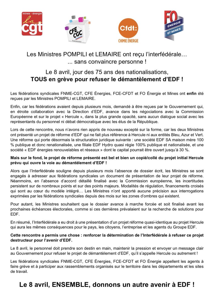 CFDTBUGEY's tweet photo. Le 8 avril, plus que jamais il faut envoyer un message clair au Gouvernement pour refuser le projet de démantèlement d’EDF, qu’il s’appelle Hercule ou autrement ! #NonÀHercule #IEG #CFDT https://t.co/682JQRSiR3