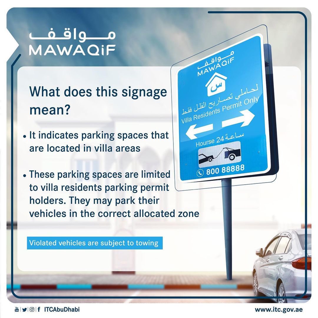 ITC مركز النقل المتكامل on X: #KnowMawaqif Villa residents parking permit  holders may park their vehicles in the villa parking spaces in the area  they live in around the clock. Using these