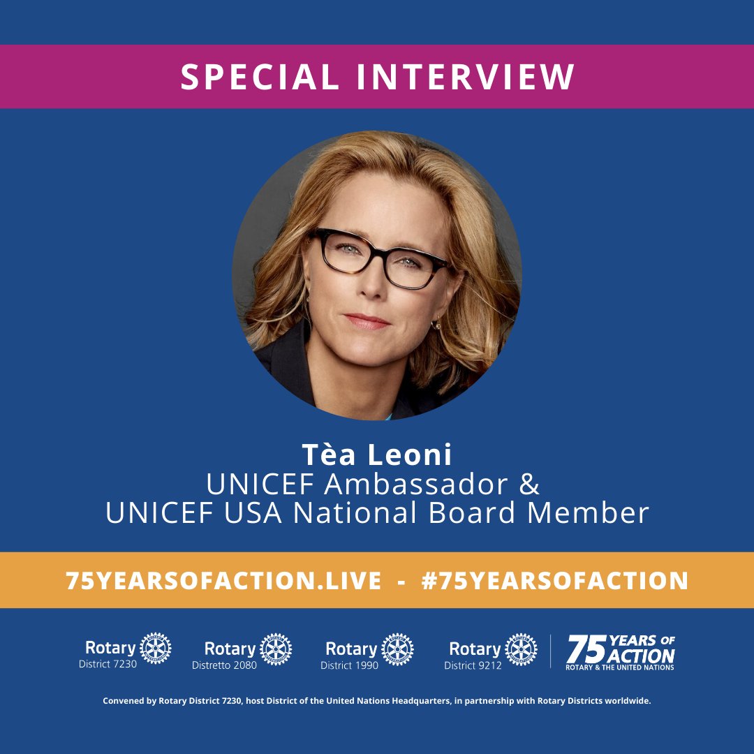 7230Rotary's tweet photo. We are thrilled Actress @TeaLeoni will celebrate #75yearsofaction with us on 10 April 2021!
Curious what is her most memorable moment and experience as a @UNICEF Ambassador & @UNICEFUSA Board Member? Join us: https://t.co/dQoxztOTrp
#EndPolio #foreverychild #WorldHealthDay https://t.co/Q1Rm782gpD