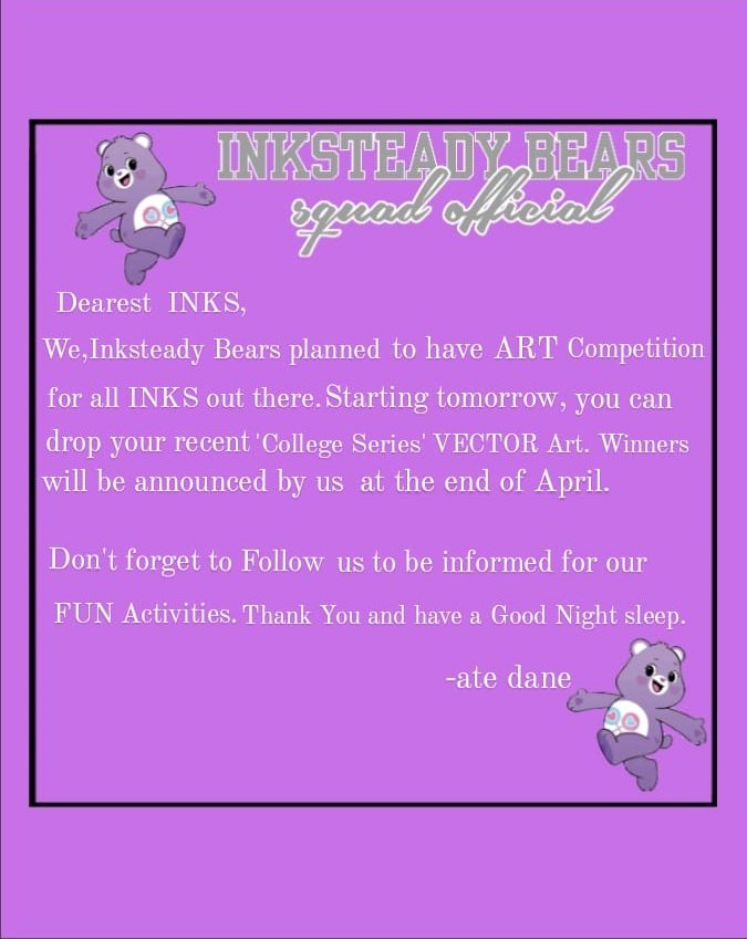 SteadyBearsOFC's tweet photo. Drop your Vector Arts here Tomorrow INKS and don't forget to use the Hashtag #InkSteadyArts !!💜 https://t.co/66GMXBvKeT