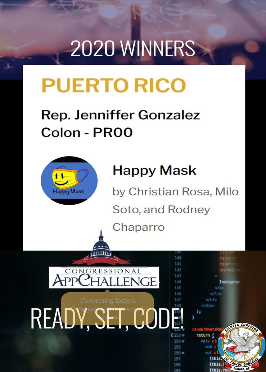 EscCarlosGlez's tweet photo. Representantes de Puerto Rico Congressional App Challenge 2020

Los jóvenes Christian J. Rosa, Rodney Chaparro y Milo H. Soto serán los representantes de Puerto Rico durante los días 7-9 de abril de 2021 en la actividad #HouseOfCode. 
¡Felicidades para todos!
@RepJenniffer #PR00 https://t.co/xgyhDLyTkE