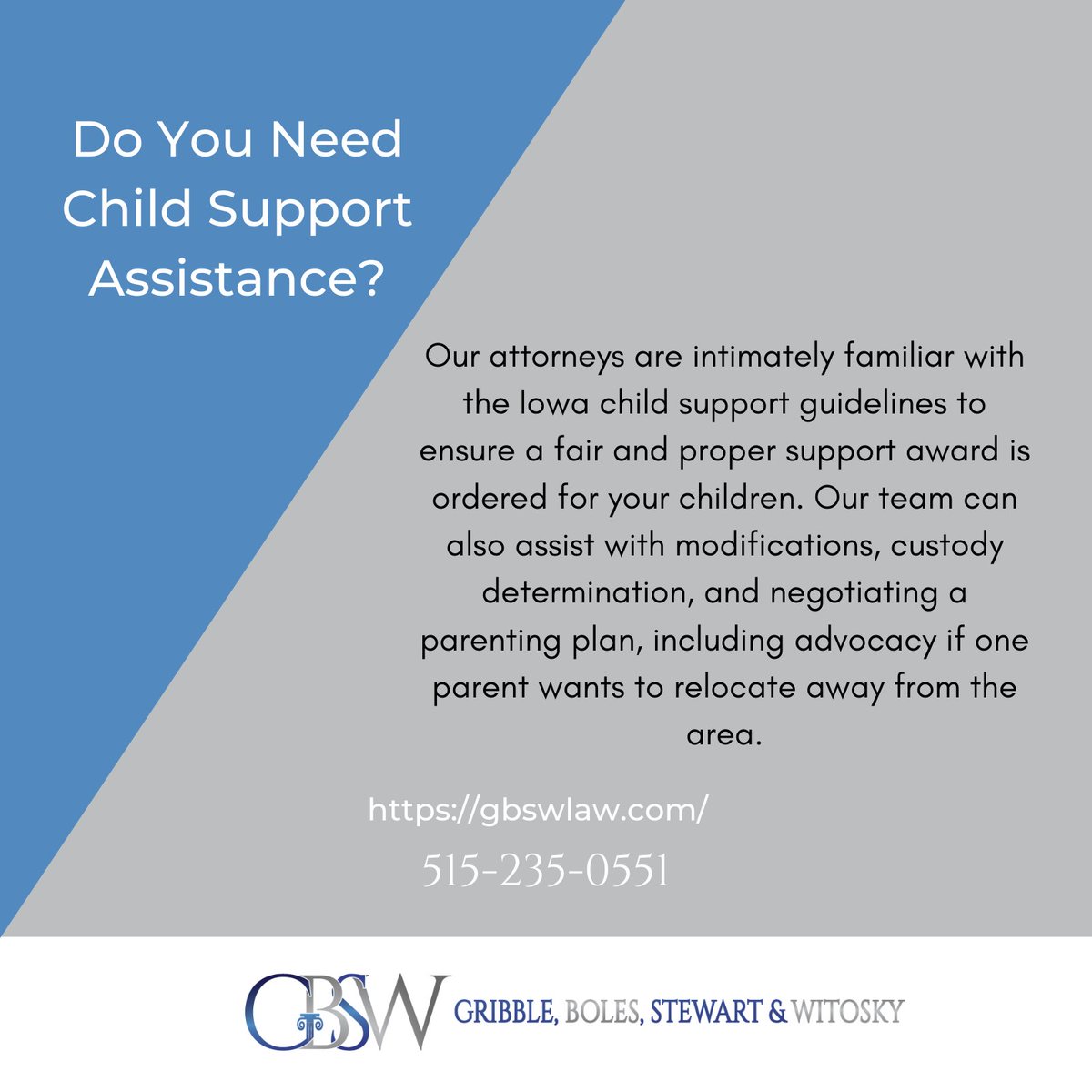 gbswlaw's tweet photo. Call GBSW Law at 515-235-0551 if you are in need of child support assistance. Family Law is one of our firm specialties: https://t.co/6GZHB9nfkc #divorce #childcustody #spousalsupport #childsupport #cohabitationagreement #familylaw https://t.co/9dzmkDhqRI