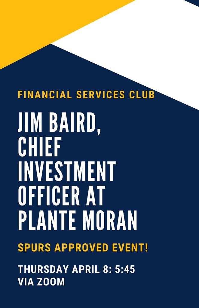 FSCWMU's tweet image. This week we will be continuing our professional speaker series. We are meeting on Thursday, April 8th at 5:45 pm! Please bring your questions for Jim Baird, a chief investment officer at Plante Moran. We look forward to seeing you all soon! zoom.us/j/97409784082?…