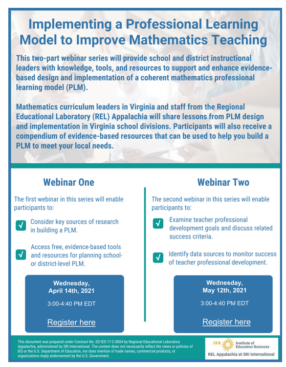 SRI_Education's tweet photo. Calling all #mathed #leaders: Join us next week for Implementing a Professional Learning Model to Improve #Mathematics #Teaching April 14 at 3 p.m. EDT. Learn evidence-based strategies &amp; practices for schools &amp; districts to support teacher learning: https://t.co/vbV0DVOvWf https://t.co/56f7d7ycnr