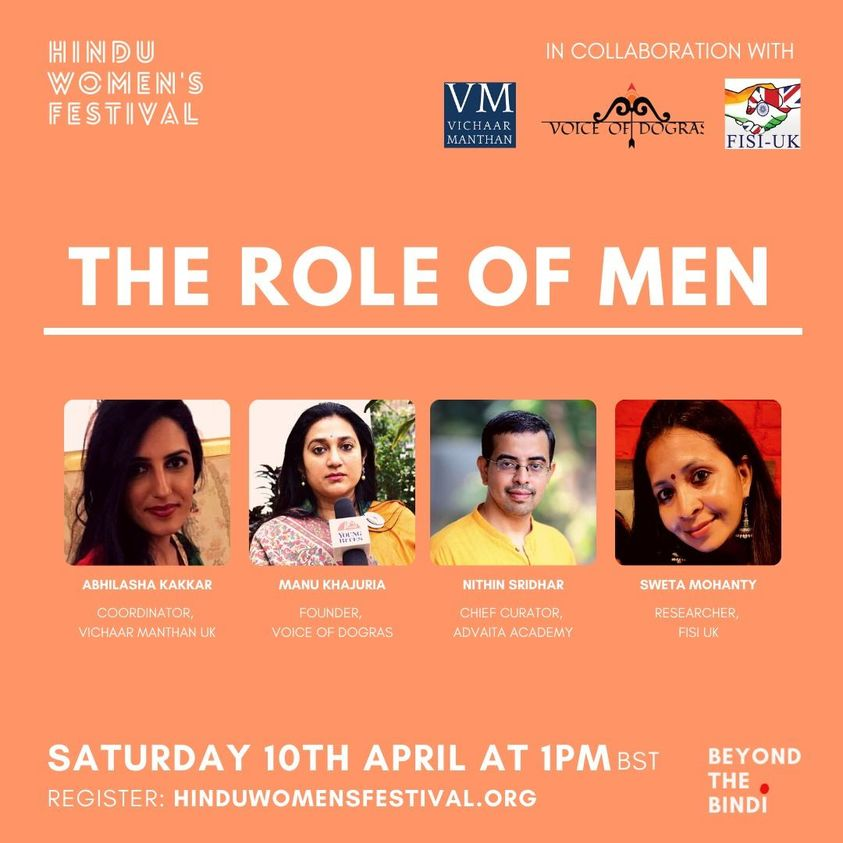I will be part of a panel discussion about 'The Role of Men' (in the context of Dharma &amp; society) this Saturday at #HinduWomensFestival at 5.30PM India Time. <a href="/beyondthebindi/">beyondthebindi</a> 
Register here- hinduwomensfestival.org