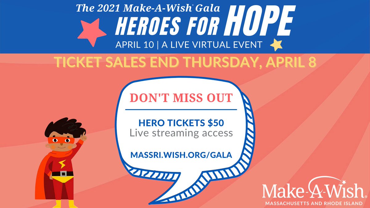 MakeAWishMassRI's tweet image. 2 days left to reserve your tix for this Saturday's virtual Make-A-Wish Gala: Heroes for Hope! This live streamed event includes inspirational stories of wish children, celebrity appearances, awards, auctions &amp;amp; more. Hero tix are available through 4/8: bit.ly/TWWGalaTix