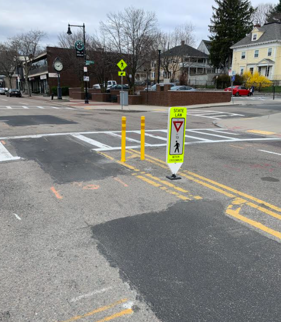 Thank you to the <a href="/BostonBTD/">Boston Transportation Department</a> sign shop crew (Anson, Jonathan, and Dirson) for reinstalling the yellow/white flex posts and delineators for the crosswalks on Centre Street at Hastings Street! #WestRoxbury #CivicBos