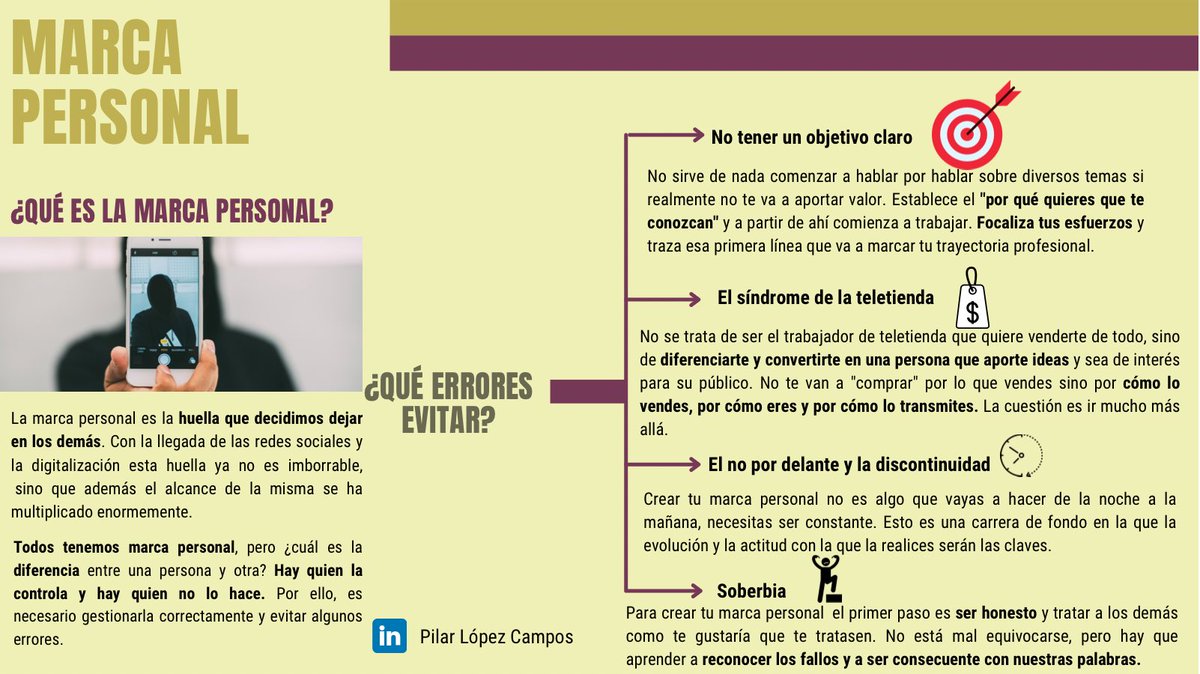 Saber quién eres y quién quieres llegar a ser, es un proceso complejo. Construir tu #marcapersonal es una carrera de fondo, pero trata de evitar estos obstáculos por el camino ⬇️.

Yo estoy intentando trabajar la mía y tú, ¿cómo lo haces?#MarketingDigital 
pilarlopezcampos.com/la-importancia…