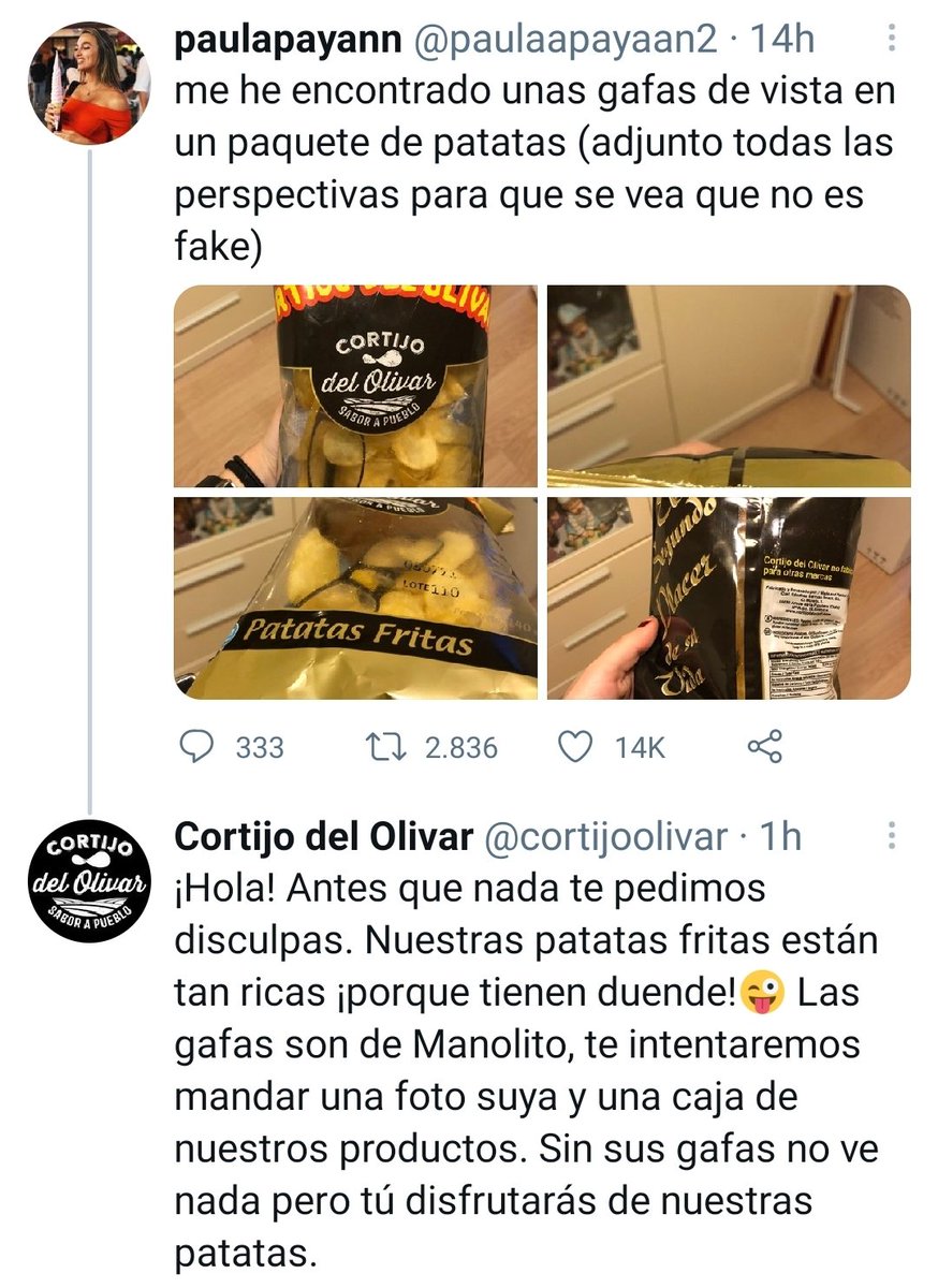 gominolasdpetro's tweet photo. Recapitulemos:
- se confirma que la imagen es real: patatas fritas con gafas incluidas
- se llaman "Cortijo del olivar" pero tienen aceite de girasol
Si a eso le sumamos el tono de su respuesta, me da la impresión de que no se toman su trabajo muy en serio 😒 https://t.co/jqYAtXa4am