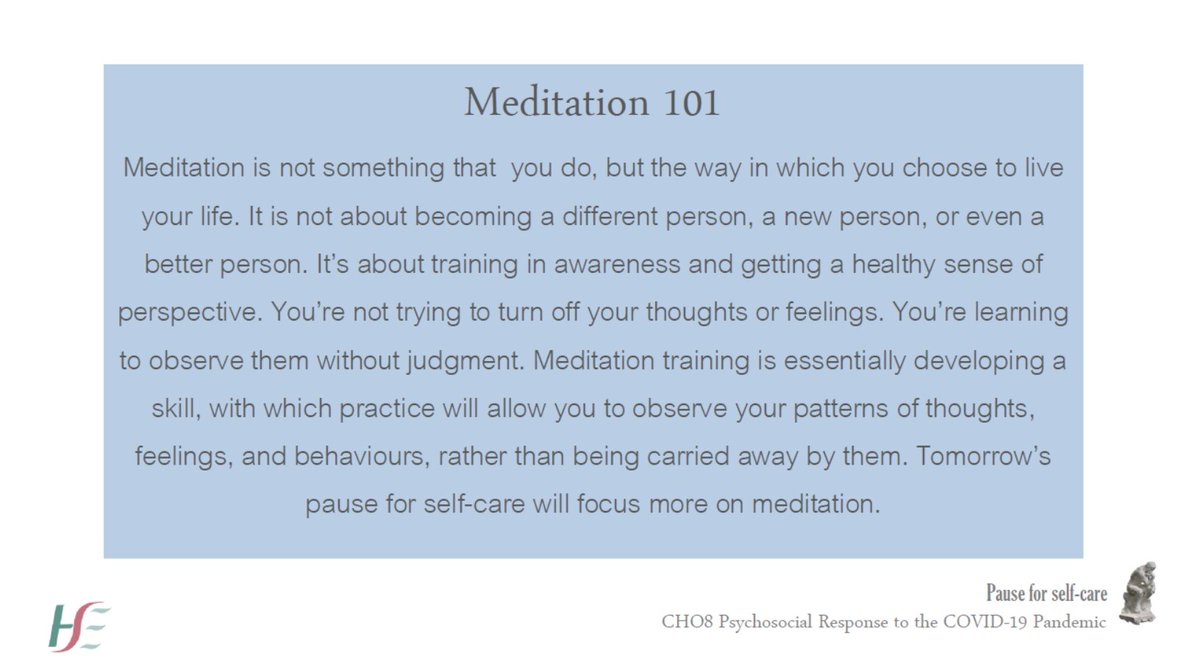 HSEDubMidlands's tweet photo. Meditation is not something that you do, but the way in which you choose to live your life.
Take a moment to #PauseForSelfCare today with this advice from @MLMCommHealth @dreddiemurphy https://t.co/K0FqMuI2bf