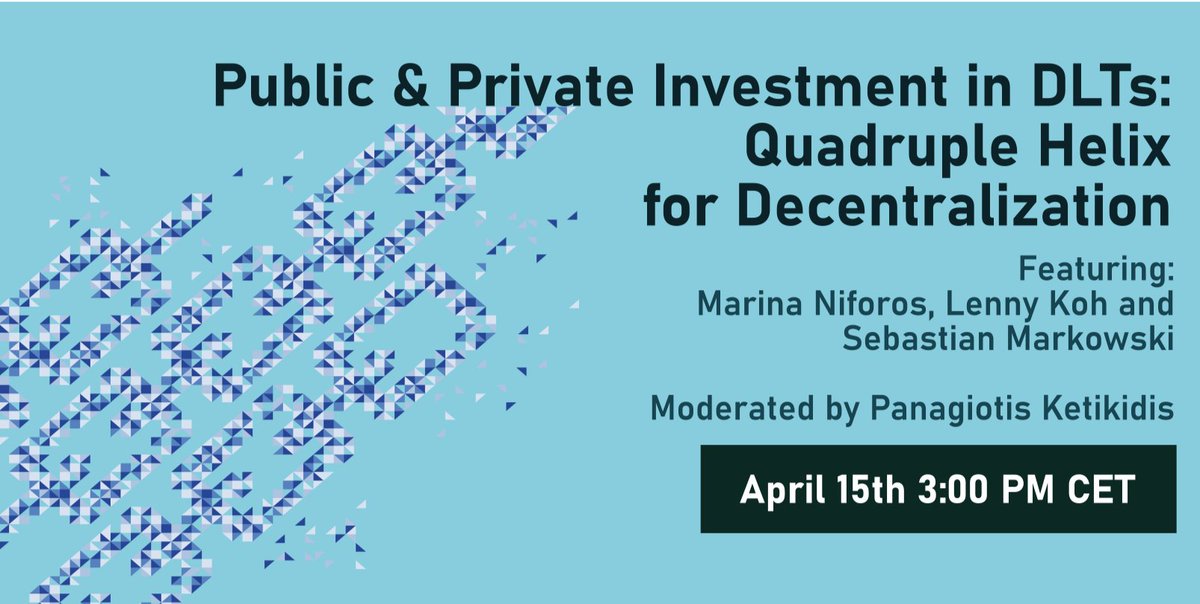 What is the role for DLTs in the future of Europe, and how can public &amp; private capital and policy pursue Decentralization?

 This and more on April 15: us02web.zoom.us/webinar/regist…

#DLT4All 
<a href="/EBAN_org/">EBAN</a> <a href="/UNIC_ENG/">University Nicosia</a> <a href="/InsomniaConsult/">Insomnia Consulting</a> <a href="/gnomonsa/">Gnomon Informatics</a> <a href="/unito/">Università di Torino</a> <a href="/Comonext_/">ComoNExT</a> <a href="/seercorg/">SEERC</a> <a href="/USC_SRE/">USC Internacional</a>