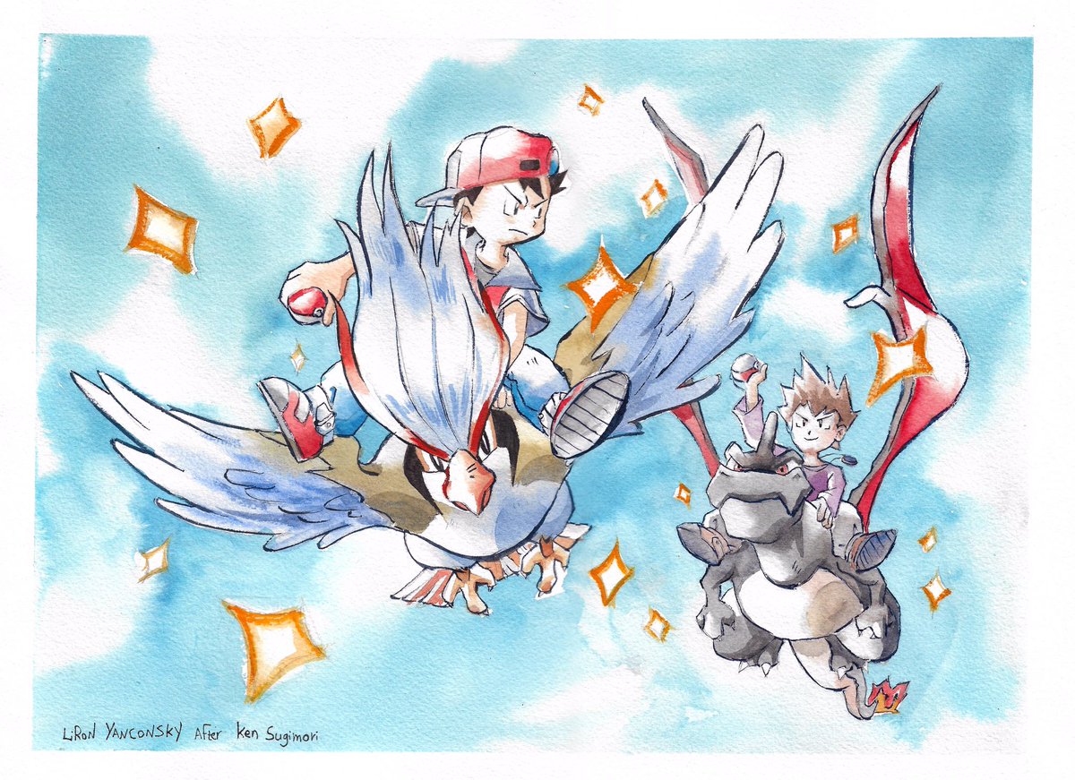 Very proud to share this finished illustration, based on Ken Sugimori’s  ( @SUPER_32X ) amazing work 🤩

I changed the pokemon to their shiny versions, and painted the sky a little differently.

I hope you like it 😊🙏🏼 

#kensugimoriart #watercolorpainting #pokemonfanart #pokemon