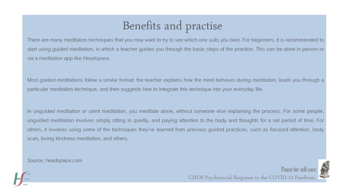 HSEDubMidlands's tweet photo. There are many meditation techniques that you may want to try to see which one suits you best.
Read this guidance from @MLMCommHealth @dreddiemurphy
#PauseForSelfCare https://t.co/v0T9fypiAw