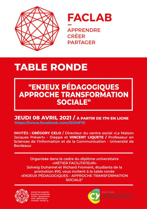 Nouvelle table ronde à FacLab! Les DUMF10 vous invitent le jeudi 8 avril 2021 à 17h00 sur Zoom sur les enjeux pédagogiques dans les FabLabs.
Comment aborder les enjeux pédagogiques dans les FabLabs, Tiers-Lieux et autres Hackerspace ?
En invités : Grégory CELO et Vincent LIQUETTE