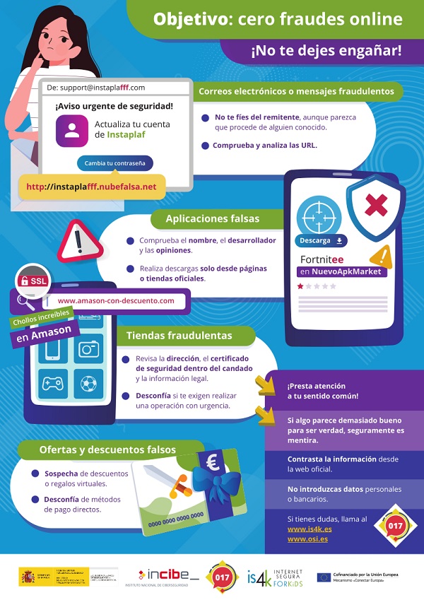 INCIBE's tweet photo. Echa un vistazo a la infografía que hemos elaborado a través de @is4k para aprender a identificar y reaccionar frente a los #FraudesOnline más habituales dirigidos a #menores. ¡Que no te engañen los #ciberdelincuentes! 😈

➡️ Más en https://t.co/kowQkzte8a https://t.co/FfdWzQsRnT