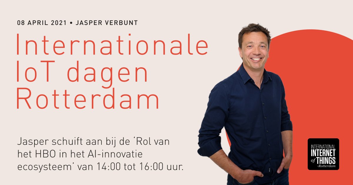 Gisteren is het programma 'IoT Rotterdam 2021' begonnen en morgen is <a href="/jverbunt/">Jasper Verbunt</a>  tafelgast bij het Thema; 'De rol van het HBO in het AI-innovatie ecosysteem' in samenwerking met <a href="/hsrotterdam/">Hogeschool Rotterdam</a>.

Aanmelden kan hier: aanmelder.nl/iotrotterdam/a…

#internetofthings #ai #iot #rotterdam