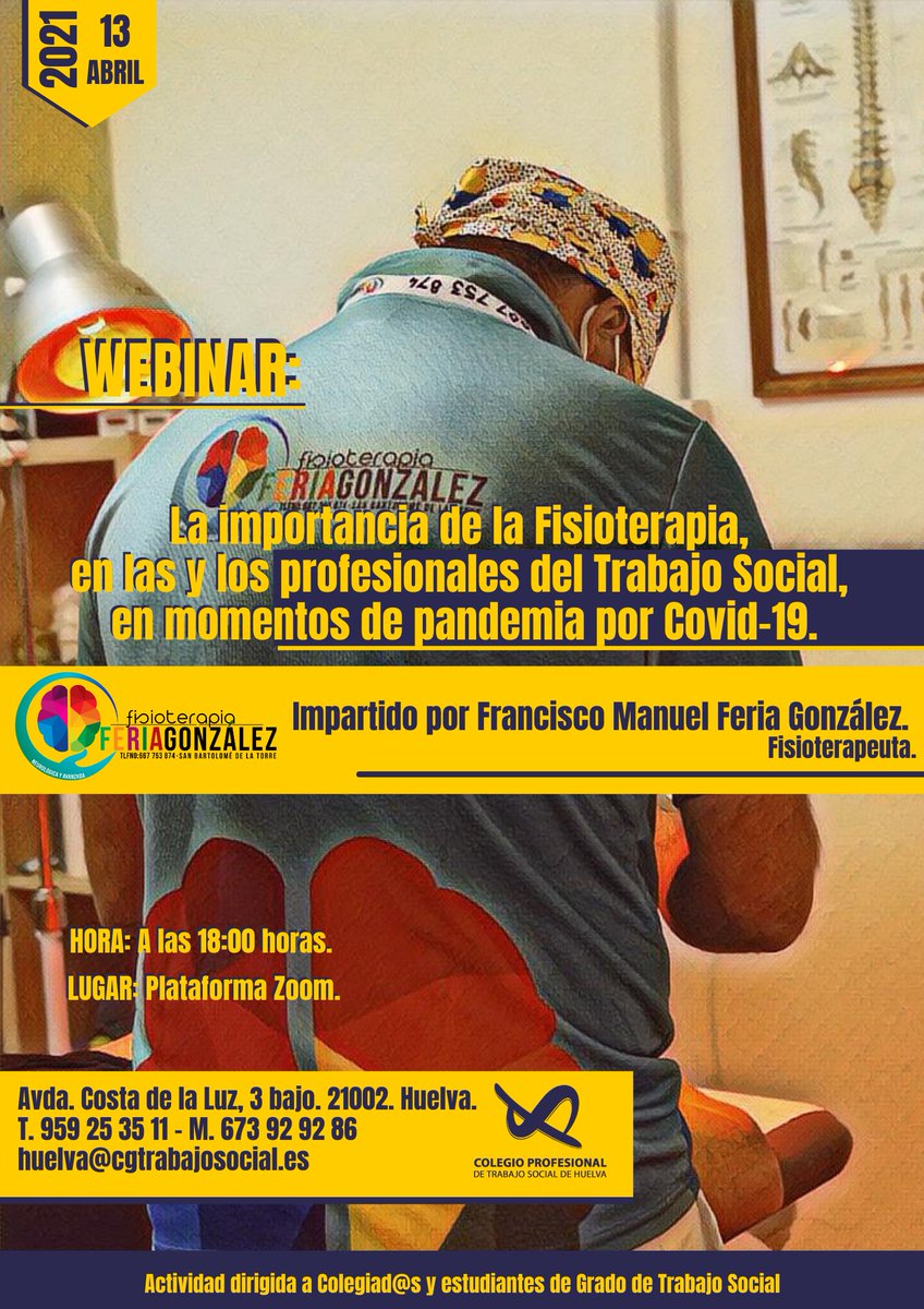 #TSinfo 🔊🔊 Ya te puedes inscribir en nuestro nuevo webinar gratuito: "LA IMPORTANCIA DE LA FISIOTERAPIA, EN LAS Y LOS PROFESIONALES DEL TRABAJO SOCIAL, EN MOMENTOS DE PANDEMIA POR LA COVID-19", que celebraremos el próximo martes 13 de abril a las 18'00.
cutt.ly/scDIH5P