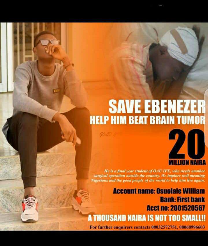 Brownspot_'s tweet photo. His name Osuaolale Ebenezer Temidayo a top Philosophy student of Obafemi Awolowo University he has brain tumour and needs our help
Pls rwt🚨
Jada | Tesla | Shoprite
#AbujaTwitterCommunity
#BuhariMustGo #Chioma #college #AskDjKaywise #cancelboardexams2021 #CheapestPowerBanks https://t.co/jWBUhbCmZb