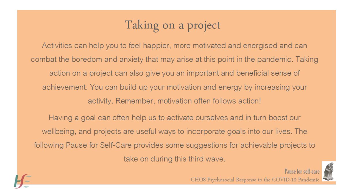 HSEDubMidlands's tweet photo. Activities can help you to feel happier, more motivated and energised and can combat the boredom and anxiety that may arise at this point in the pandemic.
Take a moment to #PauseForSelfCare today with this advice from @MLMCommHealth @dreddiemurphy https://t.co/MMZ1SgEvO3