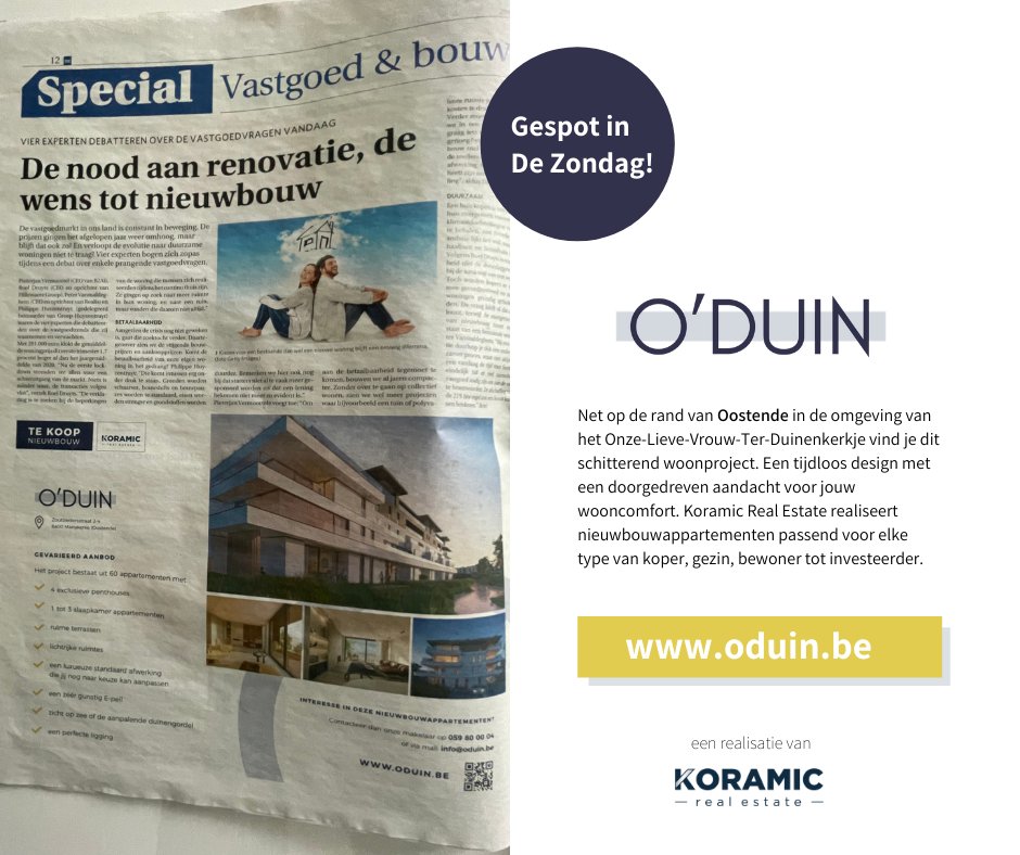 KoramicRE's tweet photo. Ook ons nieuwbouwproject O'Duin opgemerkt in de krant? 

Koramic Real Estate realiseert in Oostende nieuwbouwappartementen passend voor elke type van koper, gezin, bewoner tot investeerder. 

Meer informatie: https://t.co/wertp44tZn

#nieuwbouw #realestate #koramic #oostende https://t.co/xTdJX0ImEH