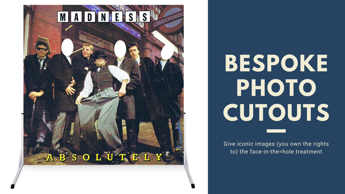 photocutouts's tweet photo. Photo Cutout boards are a great way of engaging guests. We can make bespoke cutouts of almost any image you own the rights to. Take a look at this photo board created from the cover of Madness' Absolutely album https://t.co/HUArBXiALw #photocutouts #events #concerts #festivals https://t.co/aQCGC2nY5N