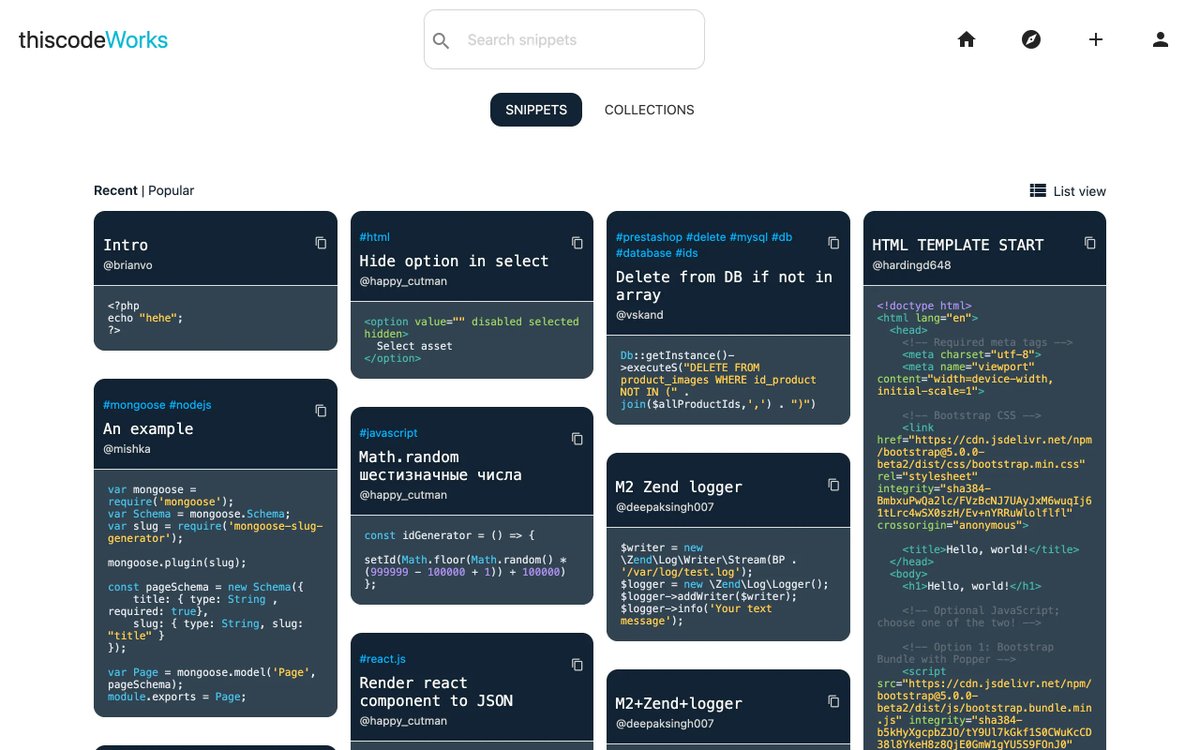 Kaiserinside's tweet photo. "Thiscodeworks" vous permet de sauver d'un simple clic vos snippets et de la répertorier grâce à des tags et une description. 

Cerise sur le gâteau, il permet de découvrir des snippets que d'autres utilisateurs partagent.

https://t.co/9CnYVUYhoh

#dev #tool #snippets https://t.co/8t6LnUuIr1