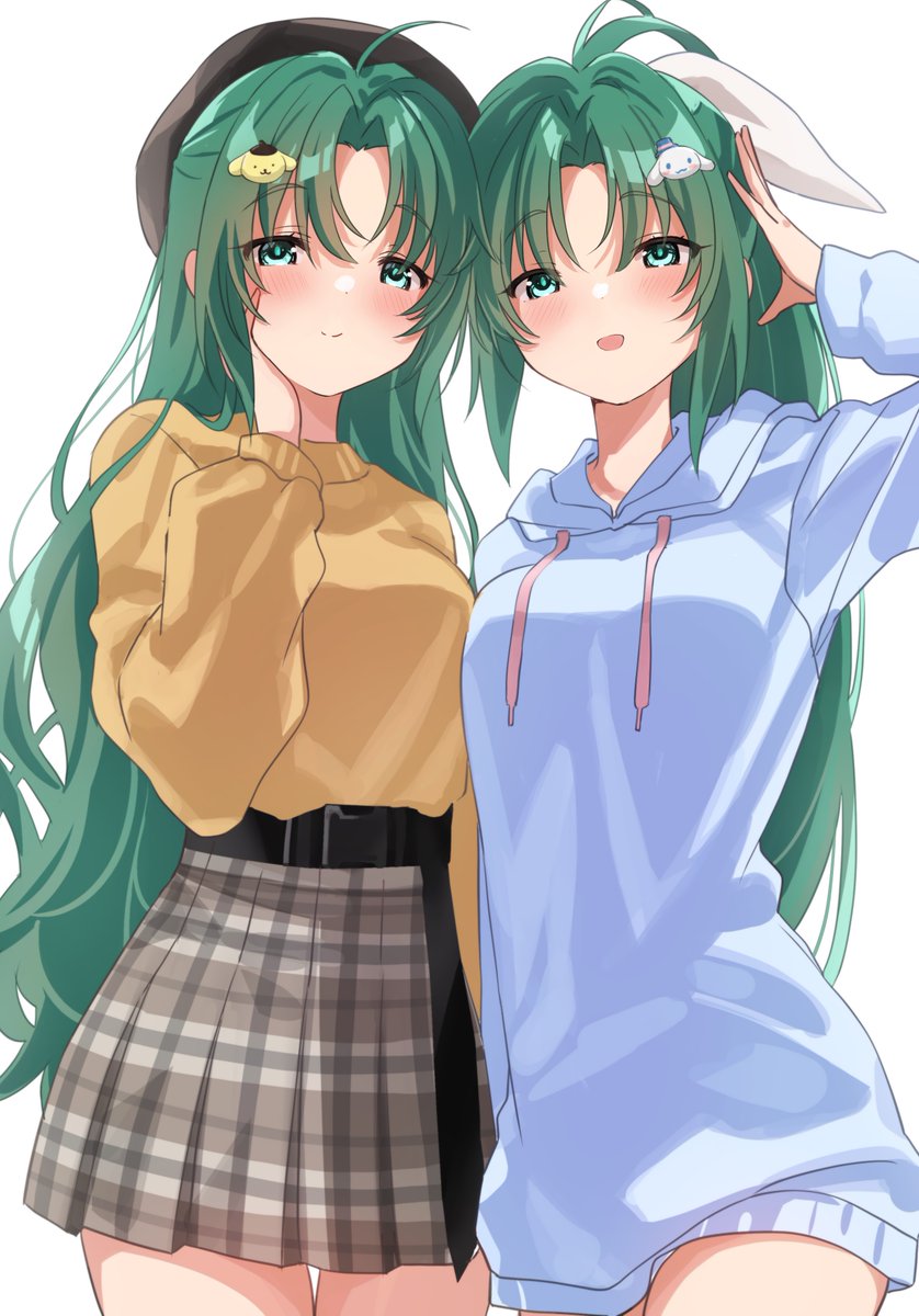 multiple girls 2girls sisters siblings hat green hair green eyes  illustration images