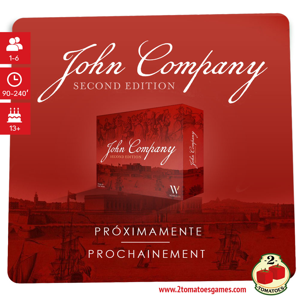 Nos alegra comunicaros que 2 Tomatoes Games será la encargada de publicar en castallno y francés John Company Segunda Edición, juego de Cole Wehrle, el premiado creador de títulos como Root o Pax Pamir.
#juegosdemesa #2TomatoesGames #JohnCompany