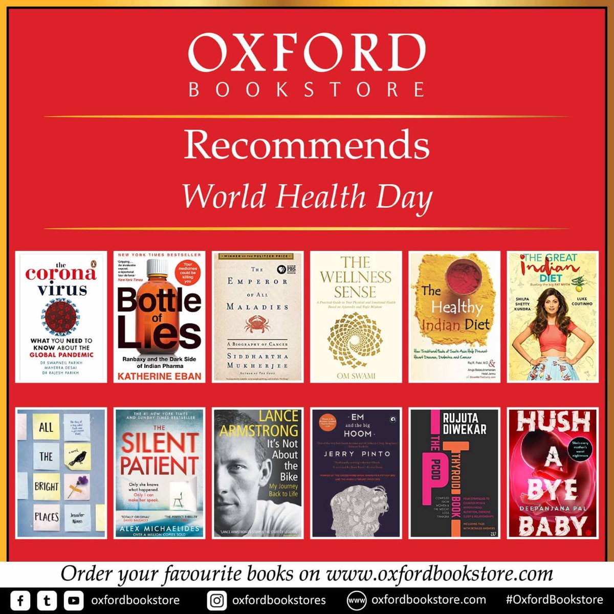 oxfordbookstore's tweet photo. On the occasion of #WorldHealthDay , #OxfordBookstore brings you 12 handpicked books to read. 
@TheShilpaShetty @lancearmstrong @RujutaDiwekar @jenniferniven @swapneilparikh @maherradesai 
#WorldHealthDay2021 #OxfordRecommends #HealthBooks #Reading #ApeejayGroup https://t.co/miQZzQlG1r