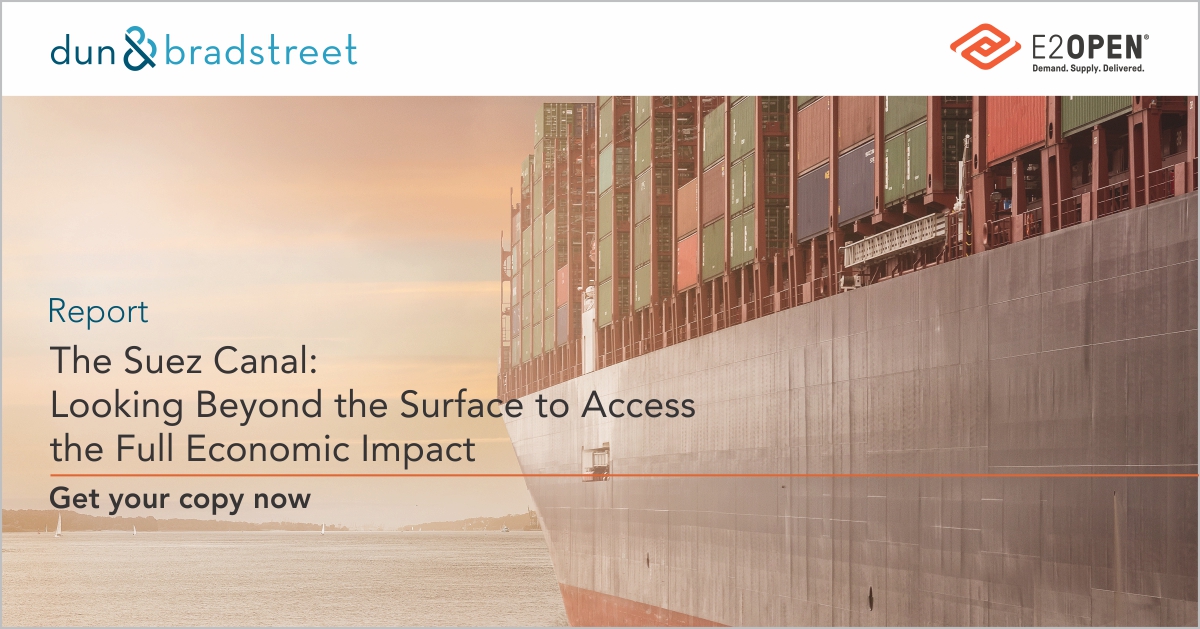 DNB_India's tweet photo. Dun &amp; Bradstreet’s and E2open’s team of data and analytics experts, joined together to provide insights on the impact of the Suez Canal incident on global supply chains

Get your copy here: https://t.co/ldxMtBHL05

#SuezCanal #SupplyChain #SupplyChainRisk #Risk #Data #Analytics https://t.co/8ClZ09b2Ze