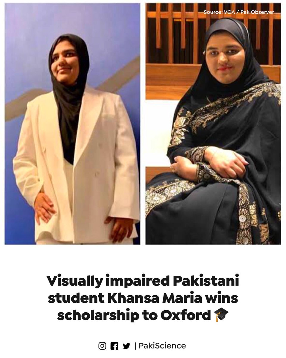 paksciencepk's tweet photo. Visually impaired Pakistani student, Khansa Maria, will be pursuing a Masters in evidence-based policy intervention and social evaluation at the Oxford University next fall, as Pakistan’s 2021 Rhodes Scholar-elect. - VOA #MakingPakistanProud 🇵🇰 🙌 https://t.co/Ie49JvtRer