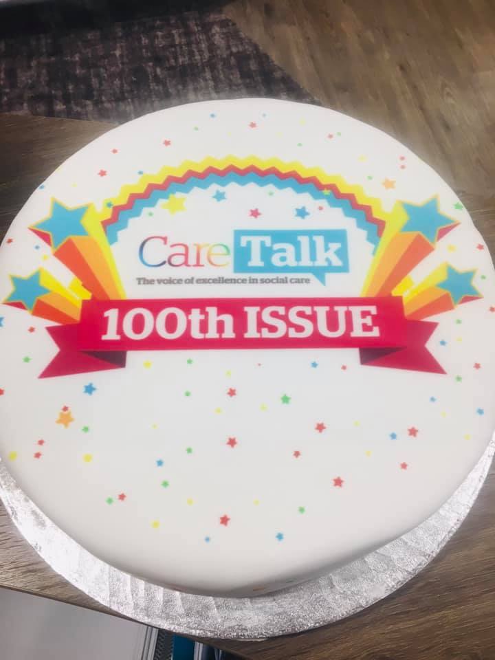 idealcarehomes's tweet photo. What a fab treat!🍰 Thank you @CareTalkMag for this magnificent cake to celebrate your 100th issue and the 10th Anniversary of Care Talk magazine! #100thIssue #greatbritishcareawards #socialcare #voiceofexcellence #10thanniversary https://t.co/riPhhKwv6s