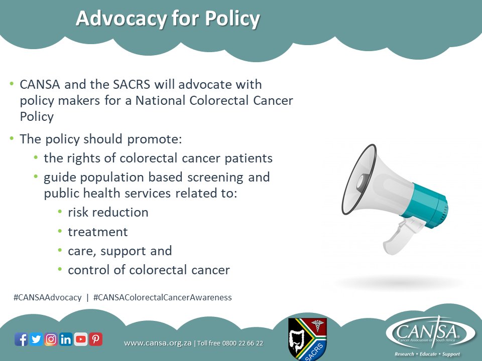 CANSA w/ SA Colorectal Society <a href="/SACRS6/">SACRS</a> launches its Colorectal Awareness &amp; Support Programme on #WorldHealthDay 7Apr2021

We also proudly launching new Tele Stoma Support service

ColorectalCancer is 2nd most common in men &amp; 3rd in SA women

cansa.org.za/cansa-and-sacr…
#CANSAcares