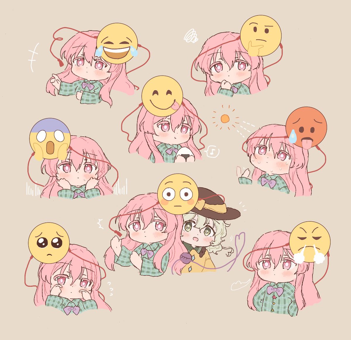hata no kokoro ,komeiji koishi shirt multiple girls emoji pink hair hat pink eyes long hair  illustration images