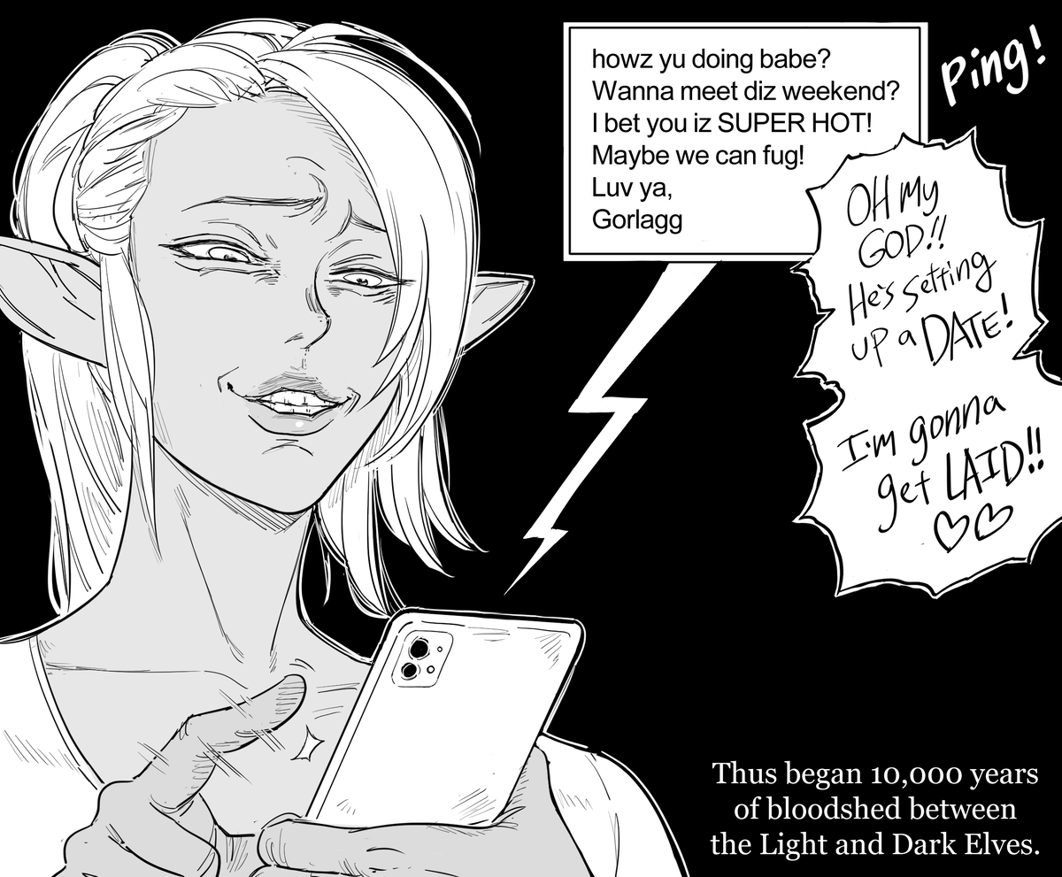 baalbuddy's tweet photo. Patreon request: Elves vs Catfishing

My patrons generally agreed that while the "Elf finally having sex" pic was a nice change of pace, it would be best if I returned to the regular menu of wanton cruelty and emotional abuse. https://t.co/aIhjvcoLYP