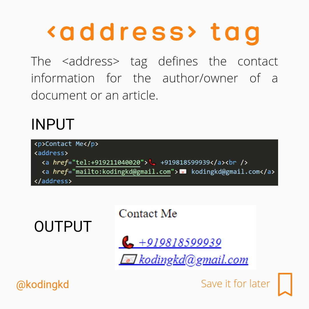 kodingkd's tweet image. Day - 6 | The Anchor, Abbreviation & Address element in HTML
Follow @kodingkd for more 💯
.
Was It helpful?
Let me know in the comments 👇🏼
.
.
.
#html5 #30daysofhtml #htmlcoding #html #htmlcss #css #bootstrap #javascript #javascriptdeveloper #javascripts #javascriptdevelopers