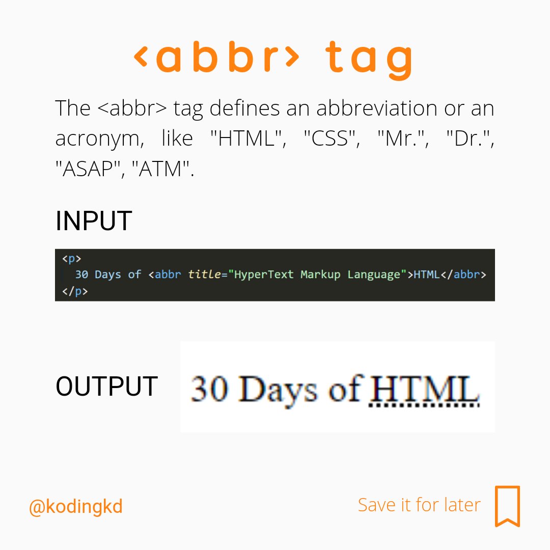 kodingkd's tweet image. Day - 6 | The Anchor, Abbreviation & Address element in HTML
Follow @kodingkd for more 💯
.
Was It helpful?
Let me know in the comments 👇🏼
.
.
.
#html5 #30daysofhtml #htmlcoding #html #htmlcss #css #bootstrap #javascript #javascriptdeveloper #javascripts #javascriptdevelopers