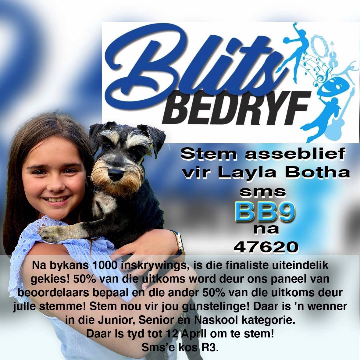 Onthou asb om vir Layla te stem! Ons wil so graag weer op die top tien kom!! Stem sommer elke dag Vertel almal wat jy ken 😎
BB9 na 47620 (gratis smse nvt)
Hier is die link na haar oudisie: blitsbedryf.tv/junior-sang/ 
Jy mag meer as een keer stem, stemme sluit 12 April 2021😉