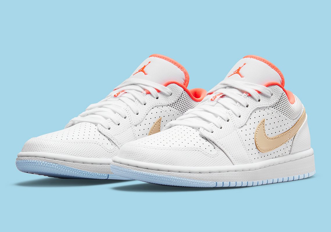Air #Jordan 1 Low “Multi-Perf” 
Release Date: 2021
Color: White/Sesame - Flash Crimson - Psychic Blue

Mens: N/A
Style Code: DC9509-100
bit.ly/sneakersnew