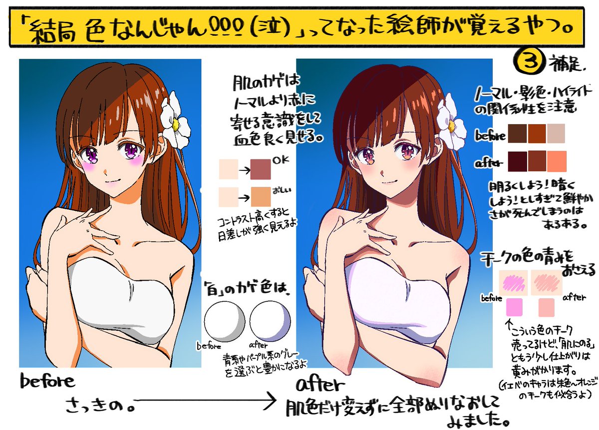 結局色なんじゃん 初心者とこなれてる絵師の色塗りの違いを分かりやすく比較した画像がこちら Togetter