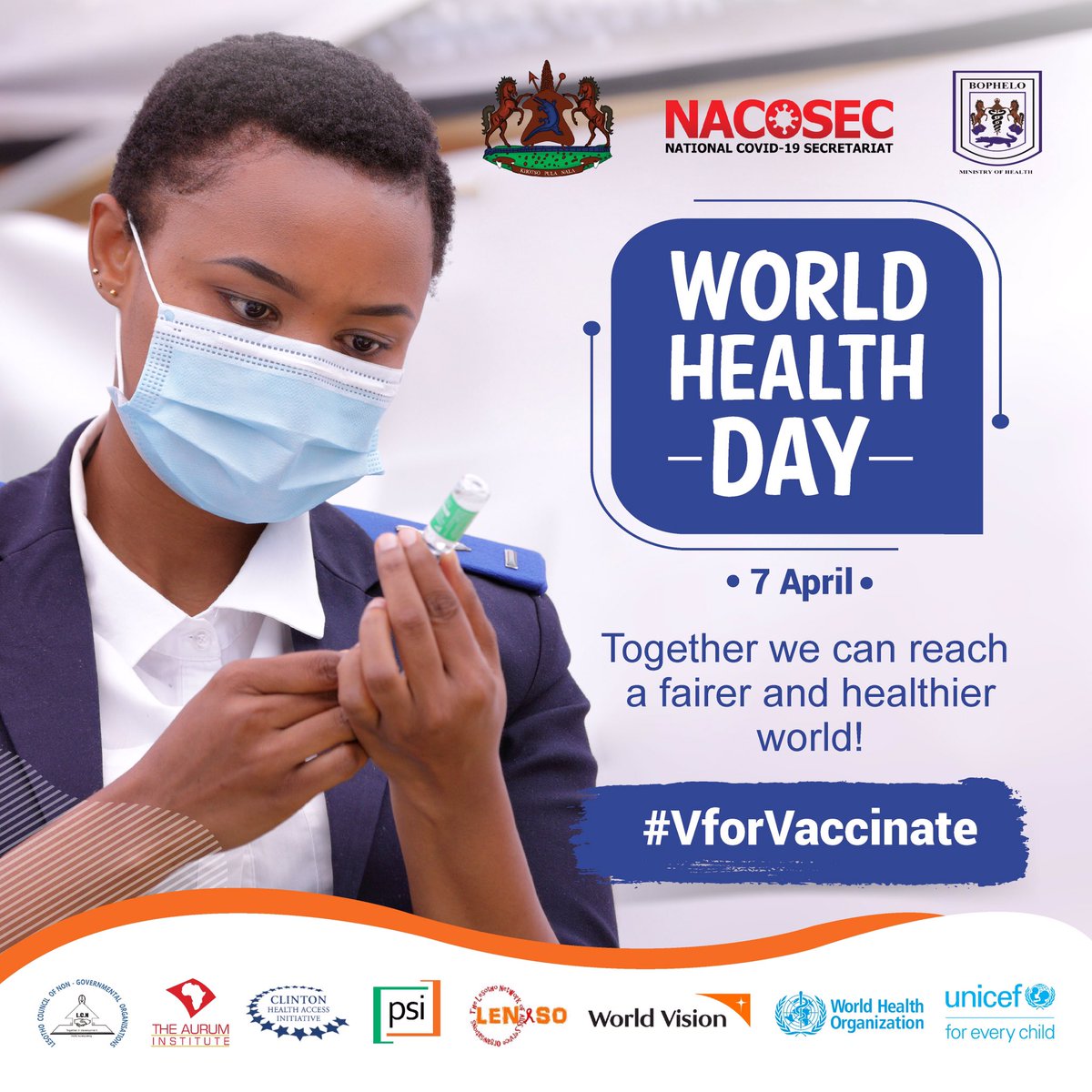 With over 20 000 Health Care Workers in Lesotho Vaccinated 💉against COVID-19 , this World Health Day, we celebrate achievements towards a fairer and healthier world🙂
@WHOLesotho @EUinLesotho 

#COVAX #WorldHealthDay #Vaccinated #VforVaccinate
#UnicefLesotho #Lesotho #StaySafe
