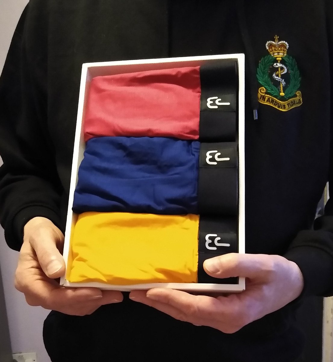 I have been presented with an outstanding French family gift.... three pairs of boxers in the Cherry, Blue and Gold of the mighty Royal Army Medical Corps. No matter what I wear, underneath there will always be a medic. In Arduis Fidelis #ams #military #wednesdaythought