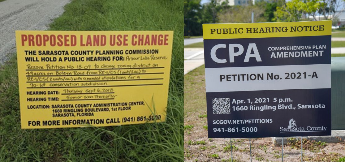 #ICYMI Sarasota County has updated public hearing notice signage standards and is transitioning to professionally produced signage to provide better visibility to the public with improved access to petition materials. Learn more at scgov.net/petitions. #SRQCountyPDS