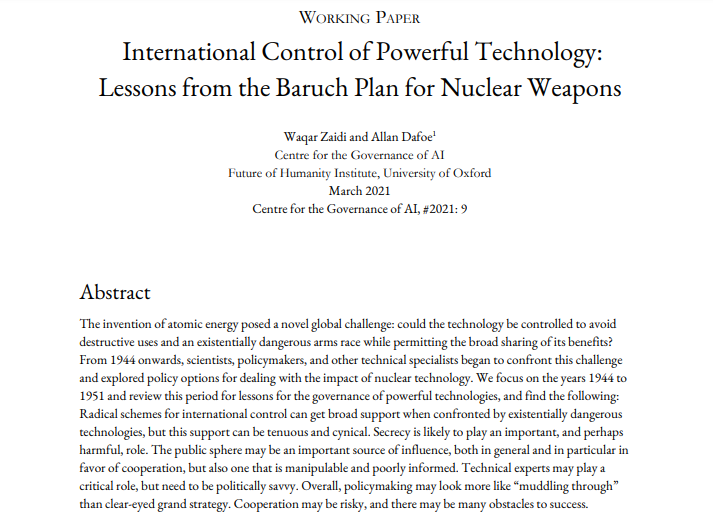 Why did the US and USSR fail to agree on int'l control of nuclear weapons in 1944-1951? @WaqarHZaidi and @AllanDafoe's recently published International Control of Powerful Technology: Lessons from the Baruch Plan for Nuclear Weapons. Paper here: ow.ly/9kag50EhU0l